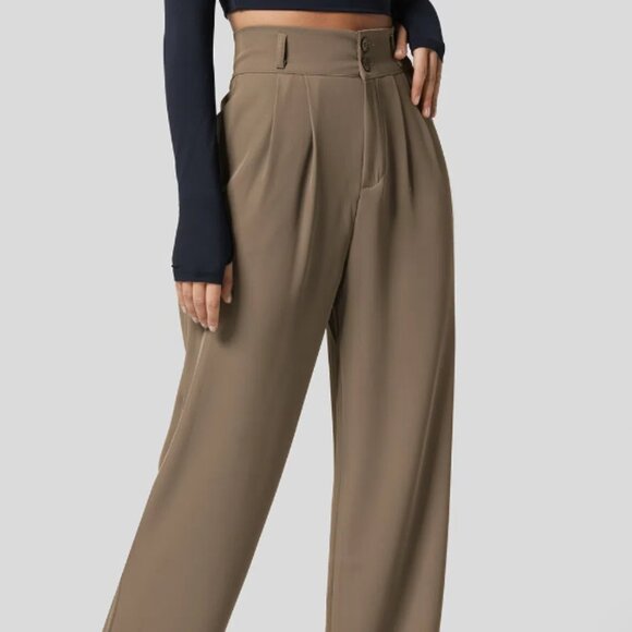 US-L, High Waisted Shirred Back Side Pocket Plicated, Strt Leg Suit Pant - Picture 1 of 6